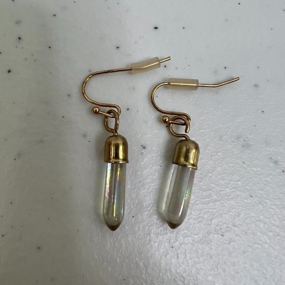 Faux‎ Crystal Earrings Drop Quartz Look Rainbow Clear Gold Tone Dangle - Picture 1 of 6